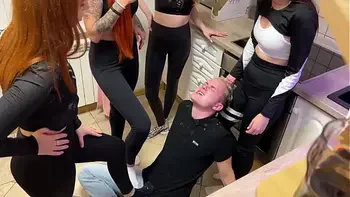 Many Rude Girls Spit In Slave's Mouth And Verbally Humiliate Him - Mouth Spitting Femdom