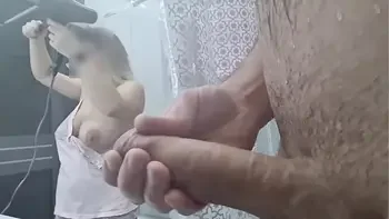 My stepmom came to my bathroom, I am naked and start jerk off cock, and she ignore me that nothing happened but she like look, milf want make handjob for me and masturbate my big fat dick, my dick is hard