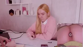 Helping my stepsister with homework but she's too distracted with vibro plug in her ass!