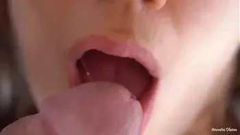 Her Soft Big Lips And Tongue Cause Him Cumshot, Super Closeup Cum In Mouth