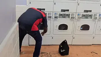 The service technician arrived to repair the  machines, but he thought servicing me was a better idea