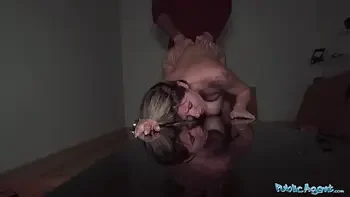 Public Agent Cute blonde flashes her perky titties for cash and fucks huge cock in a basemant