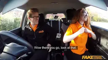 Fake Driving Instructor fucks his cute ginger teen student in the car and gives her a creampie