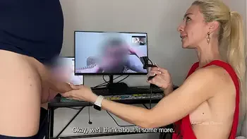 I show to my stepmom my husband’s cock close to webcamera, she is considering watching and we discuss how it looks like. CFNM.