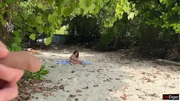 Voyeur pervert jerks off busty MILF and her stepdaughter and cums on their faces while they sunbathe