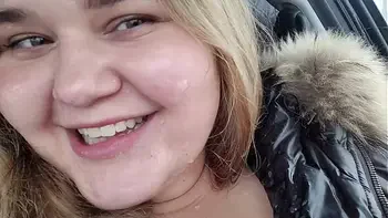 Huge facial of a cute BBW blonde with big breasts in inclement weather