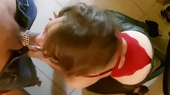 1243 (ss) - Blonde French Amateur Slut Sucking/Blowing Cok, Licking assHole (Rimming), Clothed in Red Lingerie, Heels