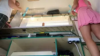 Hot blond girl with natural big boobs serving guests with no panties on!