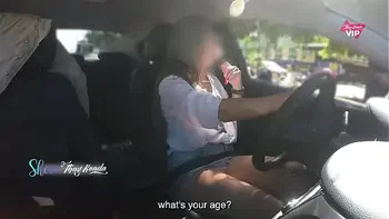 Hot wife Thay Ksada showing off in the car for a stranger and letting him touch her, with English subtitles