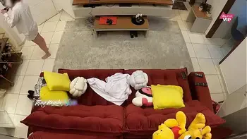 Hot wife accepting the delivery man and having sex with him on the sofa at home with English subtitles