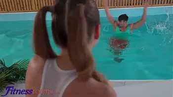 Fitness Rooms Curvy Russian brunette Amalia Davis passionate poolside blowjob hot sex