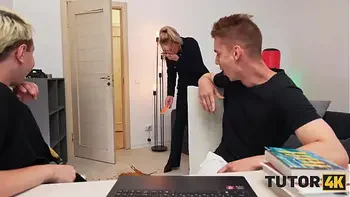 TUTOR4K. MILF tutor in stockings got so mad and then so horny so she tried 2 dicks at the same time to calm down