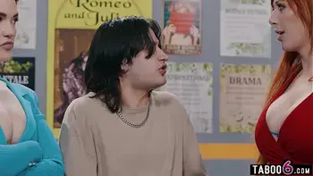 Bisexual redhead MILF stepmom and teacher share stepson hard cock