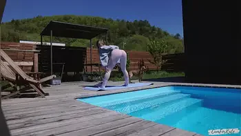Neighbor spies on morning yoga by the pool and joins me