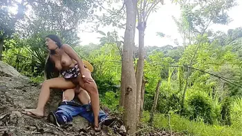 Dirty old decrepit man fucks his own busty stepdaughter in the jungle