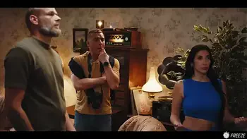 French Brunette with Fake Enhanced Huge Boobs Gets Her Nipples Sucked while Frozen in Time