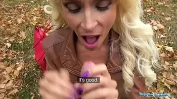 Public Agent Tattooed busty German blonde MILF fucked hard against a tree