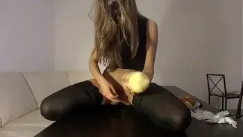 Young V inserts apples, then a HUGE CHEESE ROLL, and finally a gourd up her vagina!