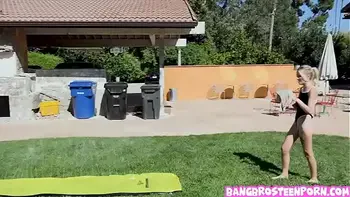 Teenie blonde Kate Bloom playing Slip and Slide and Suck!