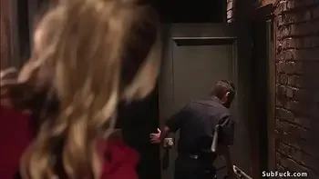 Warehouse worker ties and fucks blonde