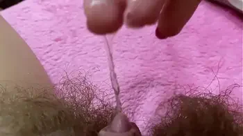 Huge pulsating clitoris orgasm in extreme close up with squirting hairy pussy grool play