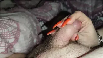 He Loves It When I Make His Little Dick Cum With My Orange Long Nails *cum Runs On My Long Nails