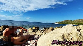 French Amateur Wife Miss Creamy Fucks Big Cock on Nude Beach - Public Sex & Cum in Mouth