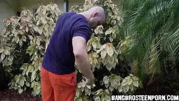 Hot young brunette playing with the hose before he joins in