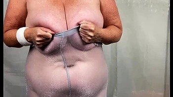 Mature British Wife Opens Fan Gift - Big Natural Tits in Crotchless Bodystocking Foot Fetish