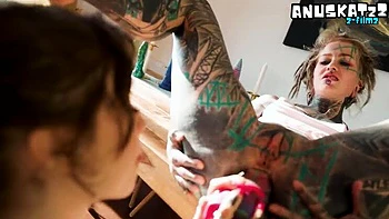 Skinny goth lesbians with tattoos and piercings intimate anal dildo stretching and squirting orgasm