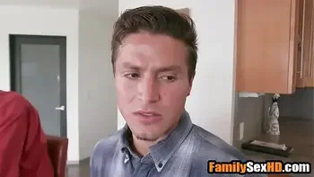 Step mom and stepson fuck next to busy stepdad