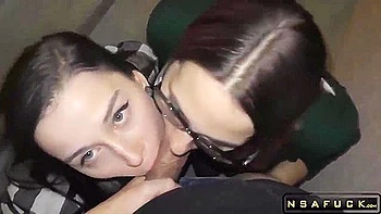 Amateur Threesome And Blowjob In Front Of The Entrance