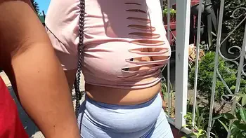 Wife with pasties cut up shirt and no bra in public