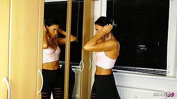 Skinny German Latina Girlfriend in Black Leggings talk to Quick POV Blowjob and swallow before go out