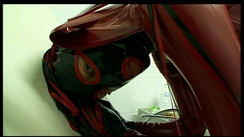 Humiliating pussy distress dildo sucking in masked, dominantrice in red latex dress