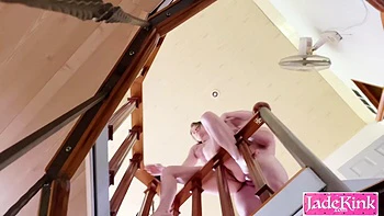 Amateur kinky couple risky fuck on top of the staircase