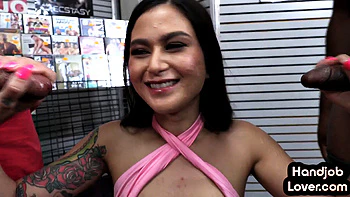 Cumthirsty cutie gives BJ to lucky guy