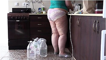 Bbw Housewife With Big Belly And Big Ass In The Kitchen In Panties