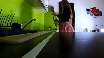 Skinny Blonde Wife Bonnie Dolce Bored in Kitchen Lifts Skirt Shows Cotton Panties