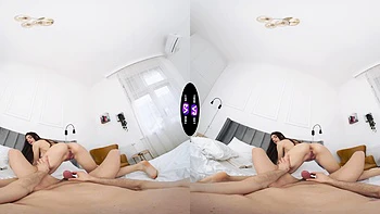 A hot brunette couple has sex in various poses, including doggy style