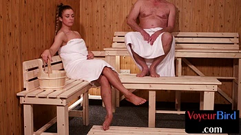 Naughty skinny blonde teasing old guy