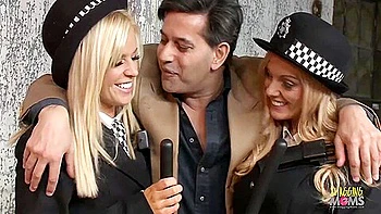 Two Blonde Milf Police Officers Arrest A Guy And Take Him To The Back Alley For A Threesome