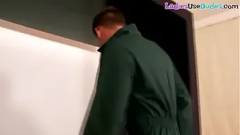 Busty femdoms pegging submissive boyfriend in ffm threesome