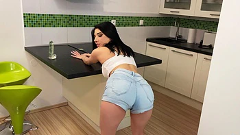 Emily Pink, sexy brunette from medellin, colombia, masturbating in the kitchen.