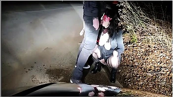 Piss Whore In Dog Collar Receives Golden Shower And Hot Cum In Her Mouth In A Public Road Interrupte