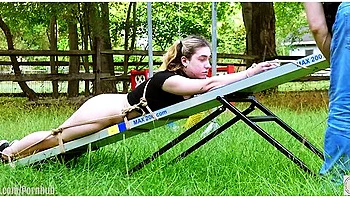 Cum-covered 19 Year-old Teen 18+ Bondage Slave Lexi Grey Crawls To The Seesaw For A Hard Caning