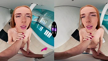 Redhead teen Holly Molly enjoys riding cock in vr, showcasing her slim figure and fiery charm.