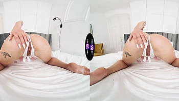 Hot Matty Mila tries out her new virtual reality glasses in the room