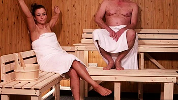 Naughty skinny blonde teasing old guy