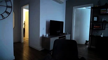 Busty curly brunette with big boobs fucks on couch